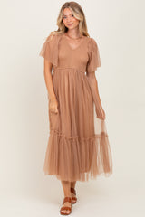 Camel Dotted Tulle Smocked Midi Dress