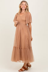 Camel Dotted Tulle Smocked Midi Dress