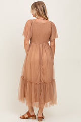 Camel Dotted Tulle Smocked Midi Dress