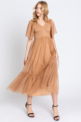 Camel Dotted Tulle Smocked Midi Dress