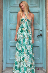 Light Blue Tropical Print Cutout Halter Neck Maxi Dress