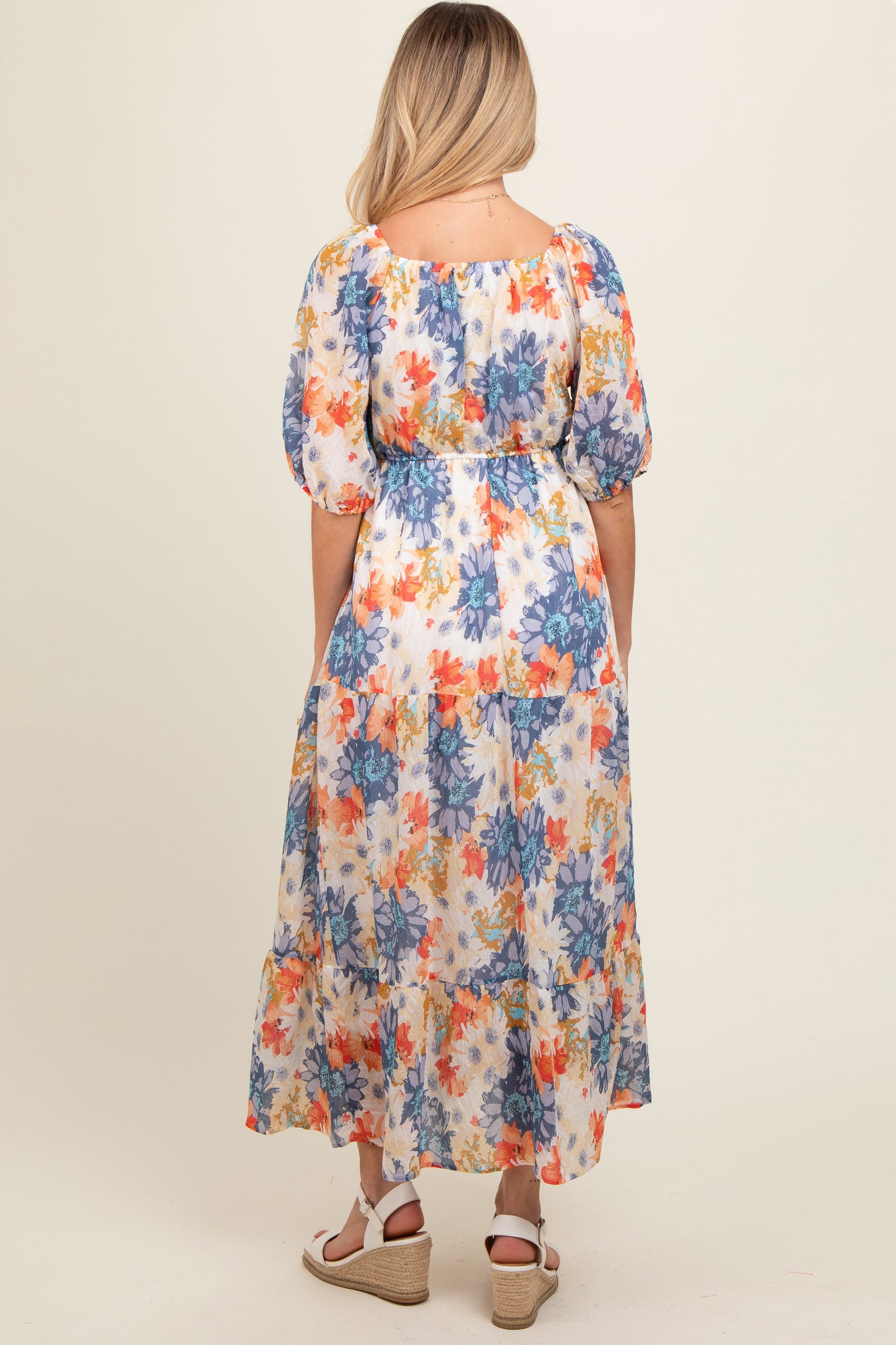 Navy Blue V-Neck Short Puff Sleeve Tiered Maternity Midi Dress