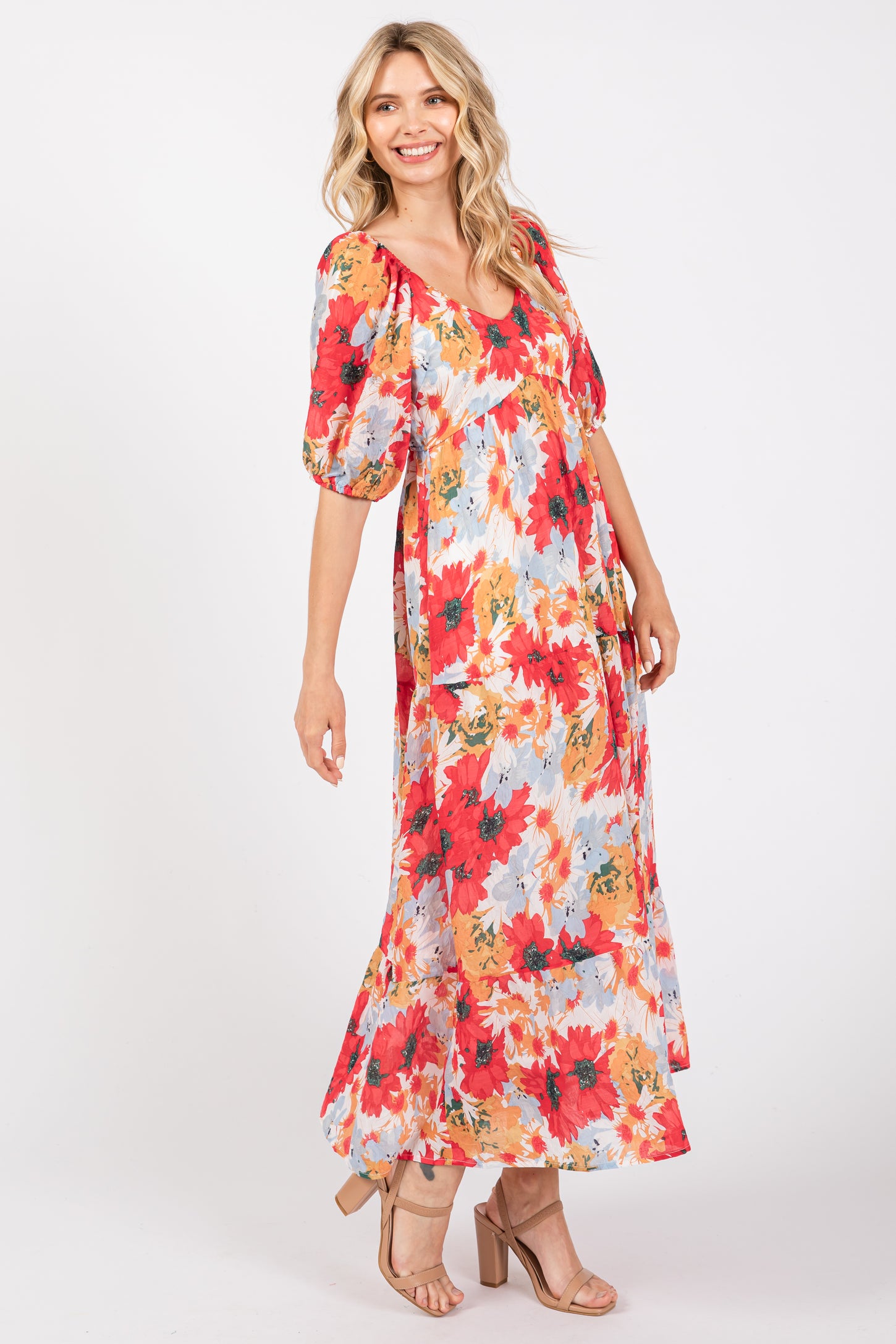 Red Floral V-Neck Short Puff Sleeve Tiered Midi Dress