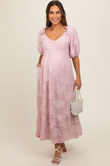 Light Pink Embroidered Leaf Print Striped Maternity Maxi Dress