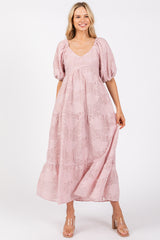 Light Pink Embroidered Leaf Print Striped Maternity Maxi Dress