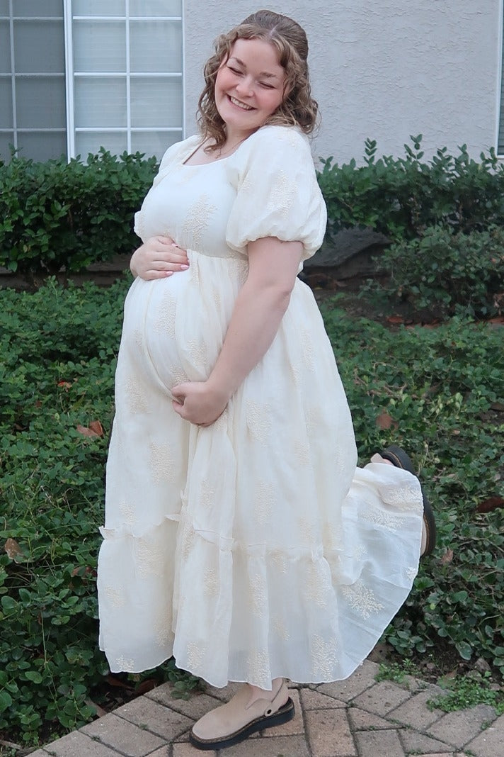 Cream Floral Print Ruffle Hem Maternity Midi Dress