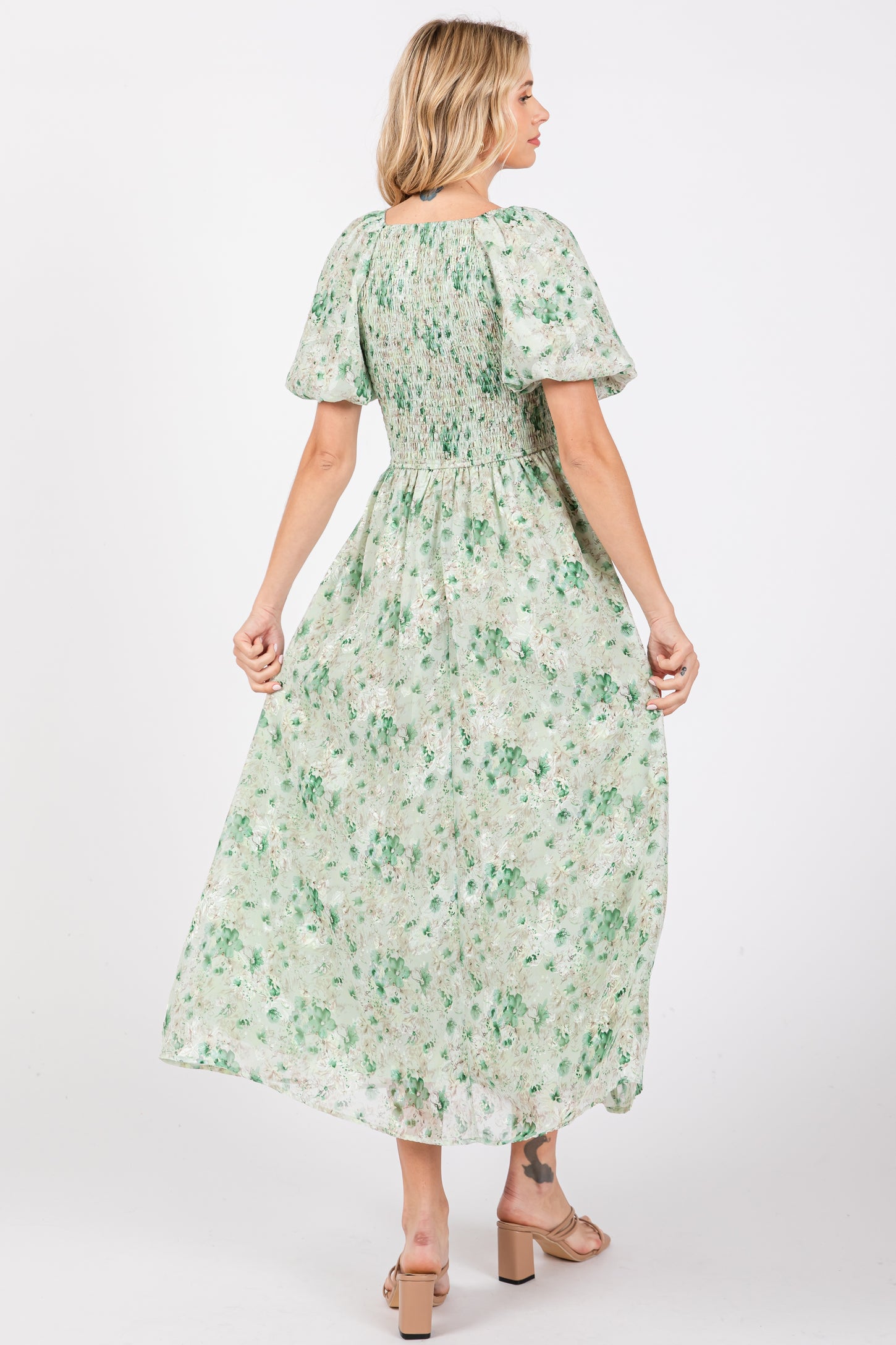 Green Floral Smocked Sweetheart Neck Short Puff Sleeve Midi Dress