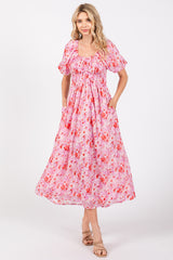 Pink Floral Smocked Sweetheart Neck Short Puff Sleeve Midi Dress