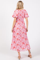 Pink Floral Smocked Sweetheart Neck Short Puff Sleeve Midi Dress