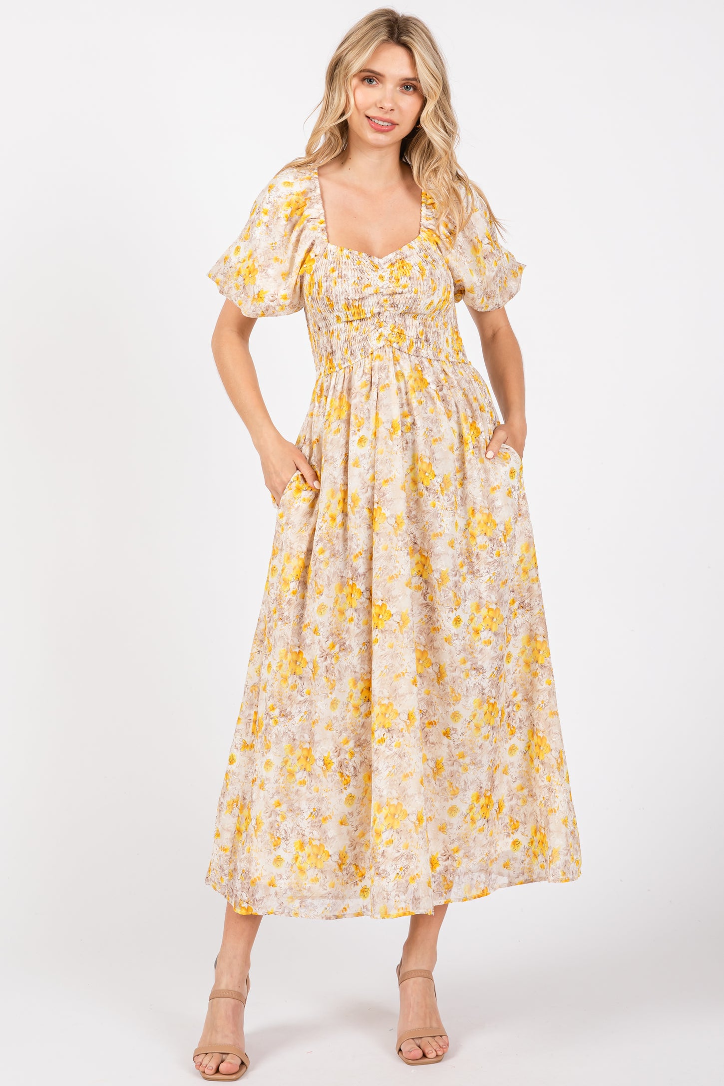 Yellow Floral Smocked Sweetheart Neck Short Puff Sleeve Maternity Midi Dress