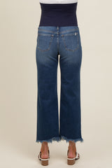 Navy Blue Fringe Hem Maternity Cropped Jeans