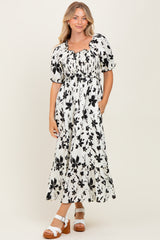 Cream Floral Puff Sleeve Maternity Midi Dress