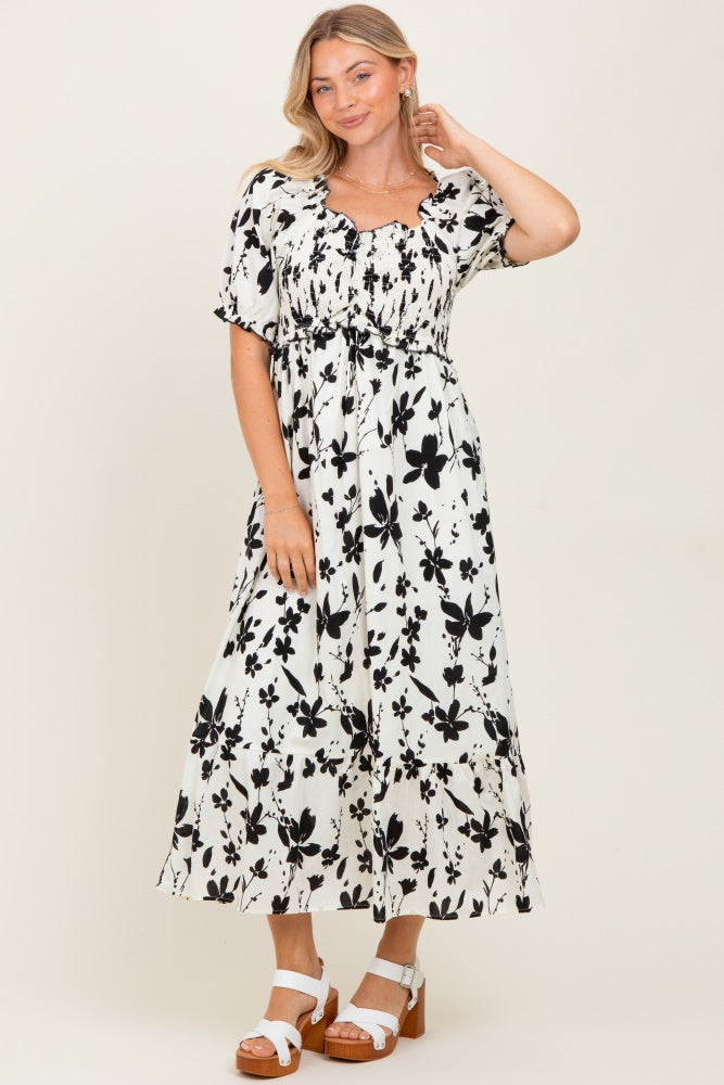 Cream Floral Puff Sleeve Midi Dress