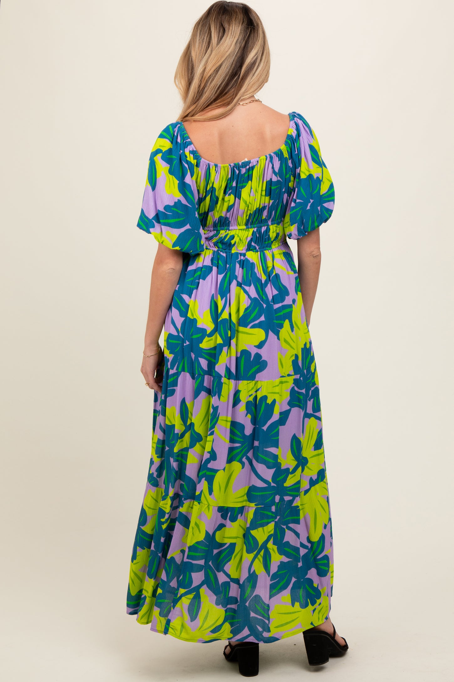Teal Leaf Print Printed Puff Sleeve Maternity Maxi Dress