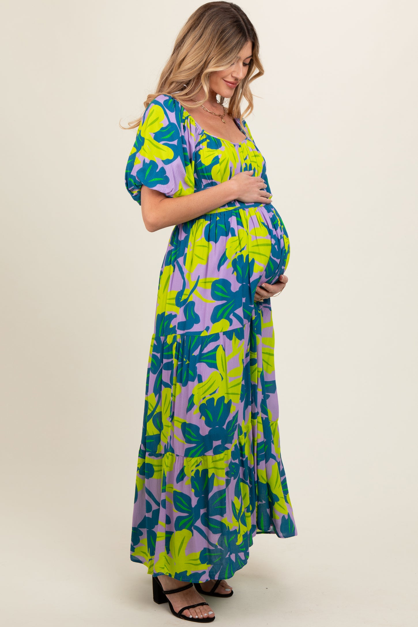 Teal Leaf Print Printed Puff Sleeve Maternity Maxi Dress
