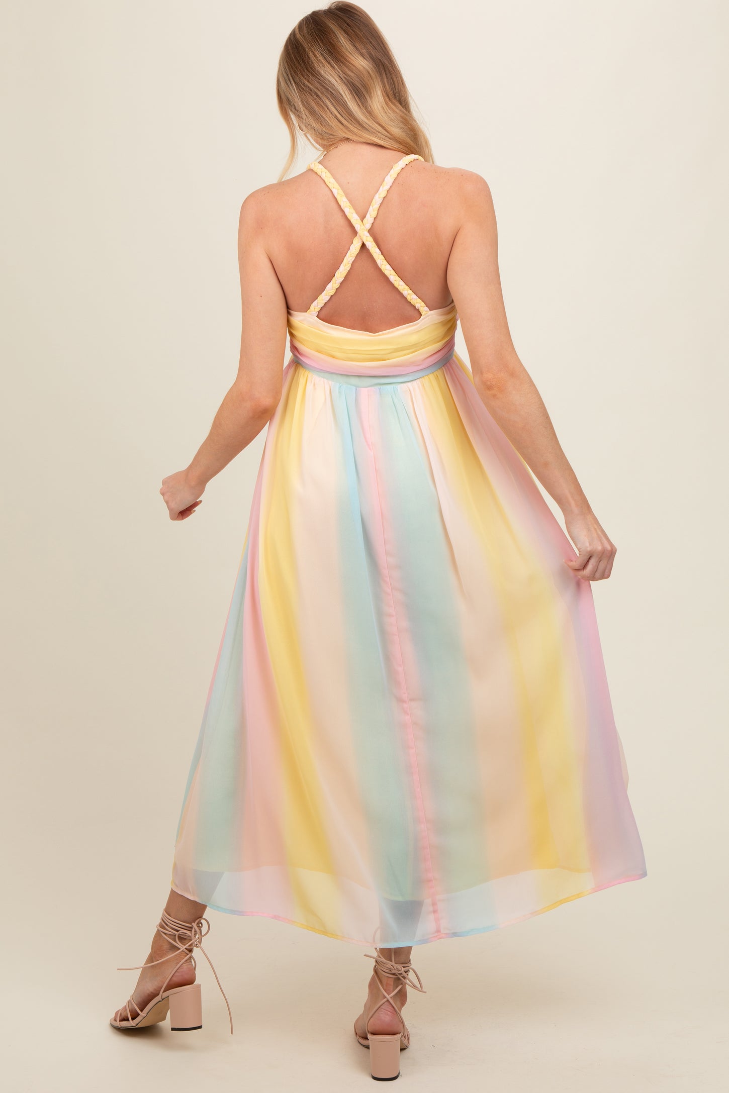 Pink Ombre Striped Braided Strap Maternity Midi Dress