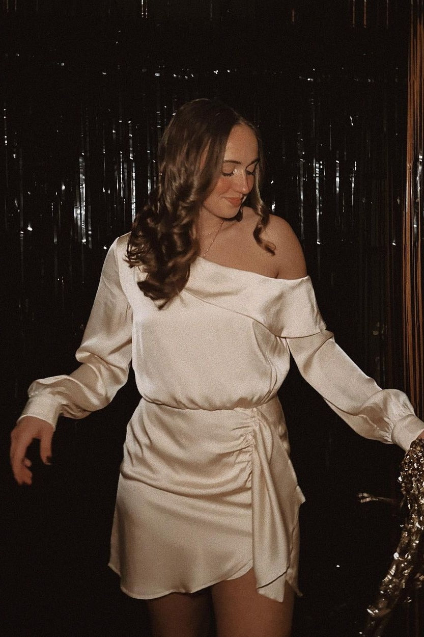 Champagne One Shoulder Draped Satin Mini Dress