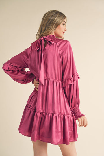 Berry Rose Mock Neck Tiered Mini Dress
