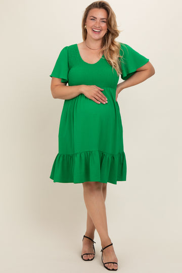 Green Smocked Ruffle Hem Maternity Plus Dress