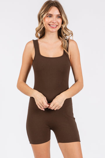 Brown Ribbed Square Neck Sleeveless Romper
