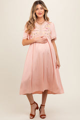 Peach Short Sleeve V-Neck Maternity Midi Dress