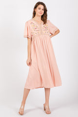 Peach Short Sleeve V-Neck Maternity Midi Dress