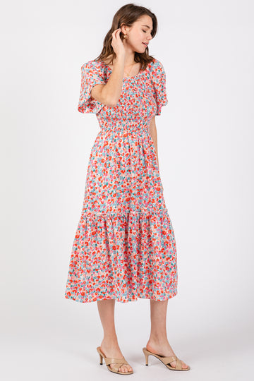 White Multicolor Floral Smocked Midi Dress