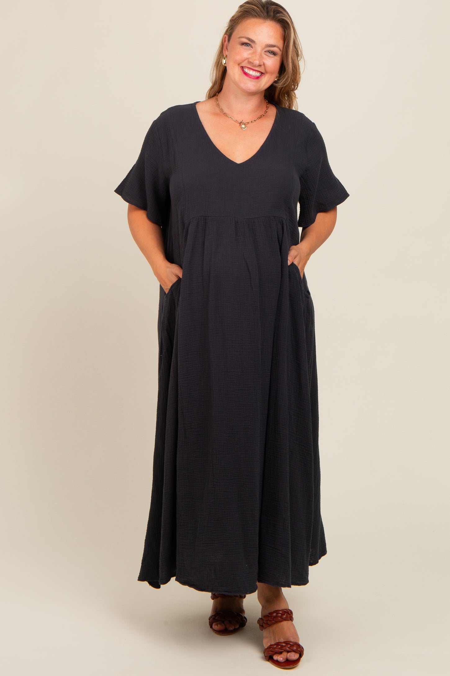 Charcoal Gauze Short Sleeve Maternity Plus Midi Dress