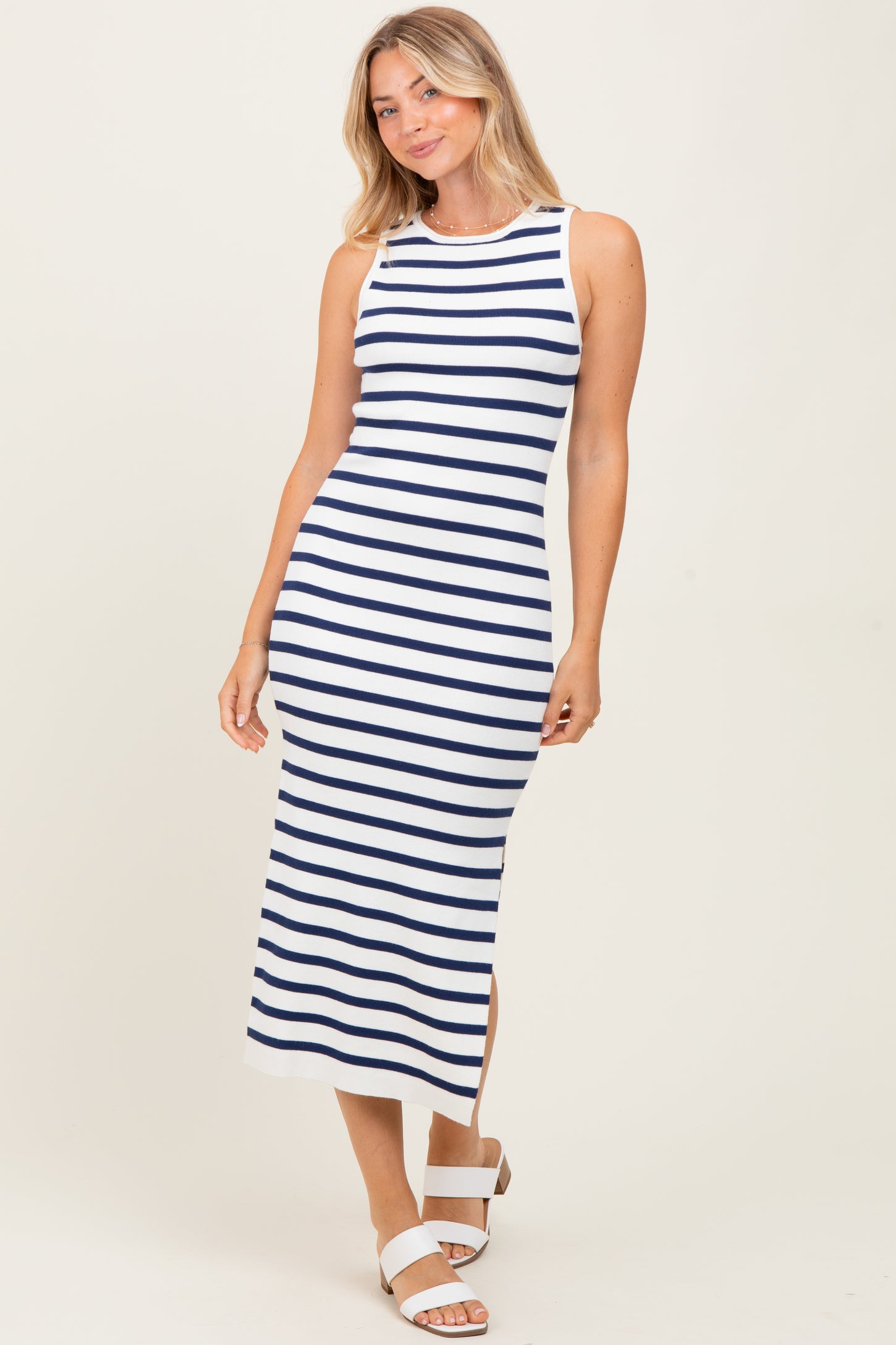 White Navy Striped Knit Sleeveless Side Slit Maternity Midi Dress