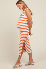 White Orange Striped Knit Sleeveless Side Slit Maternity Midi Dress