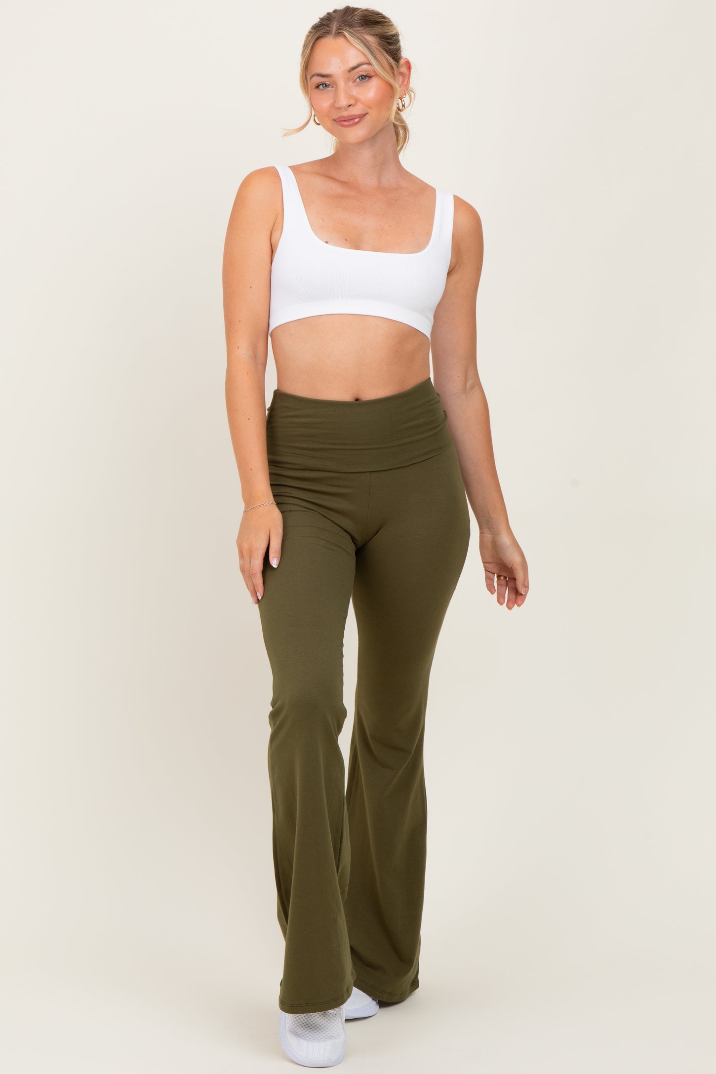 Olive Fold-Over Waistband Flared Leggings