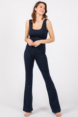 Navy Blue Open Back Ruched Sleeveless Jumpsuit