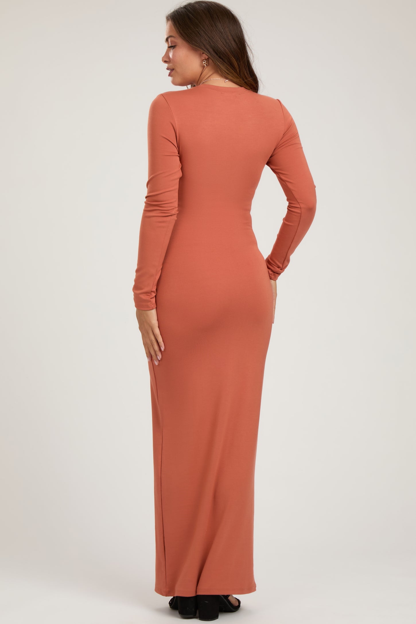 Rust Long Sleeve Fitted Maternity Maxi Dress
