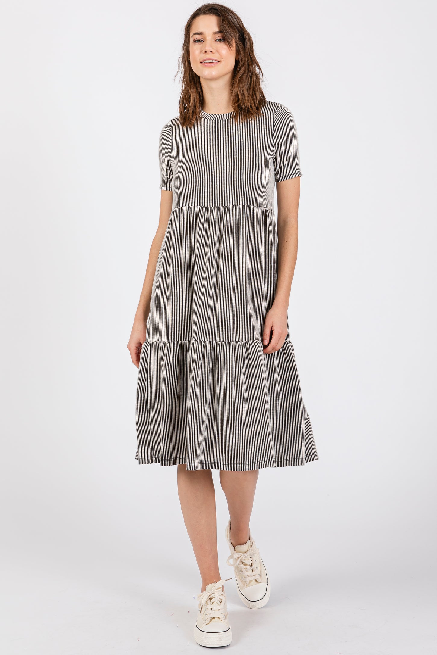 Ivory Black Striped Ribbed Tiered Maternity Dress