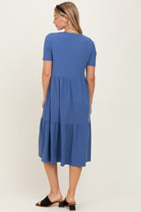 Blue Ribbed Tiered Midi Dress