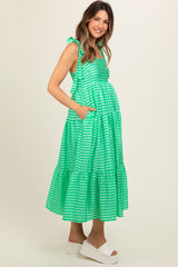Green Gingham Shoulder Tie Maternity Dress