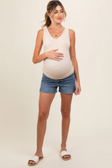 Blue Side Slit Maternity Denim Shorts