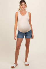 Blue Side Slit Maternity Denim Shorts