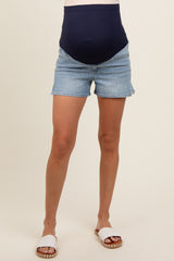 Light Blue Side Slit Maternity Denim Shorts