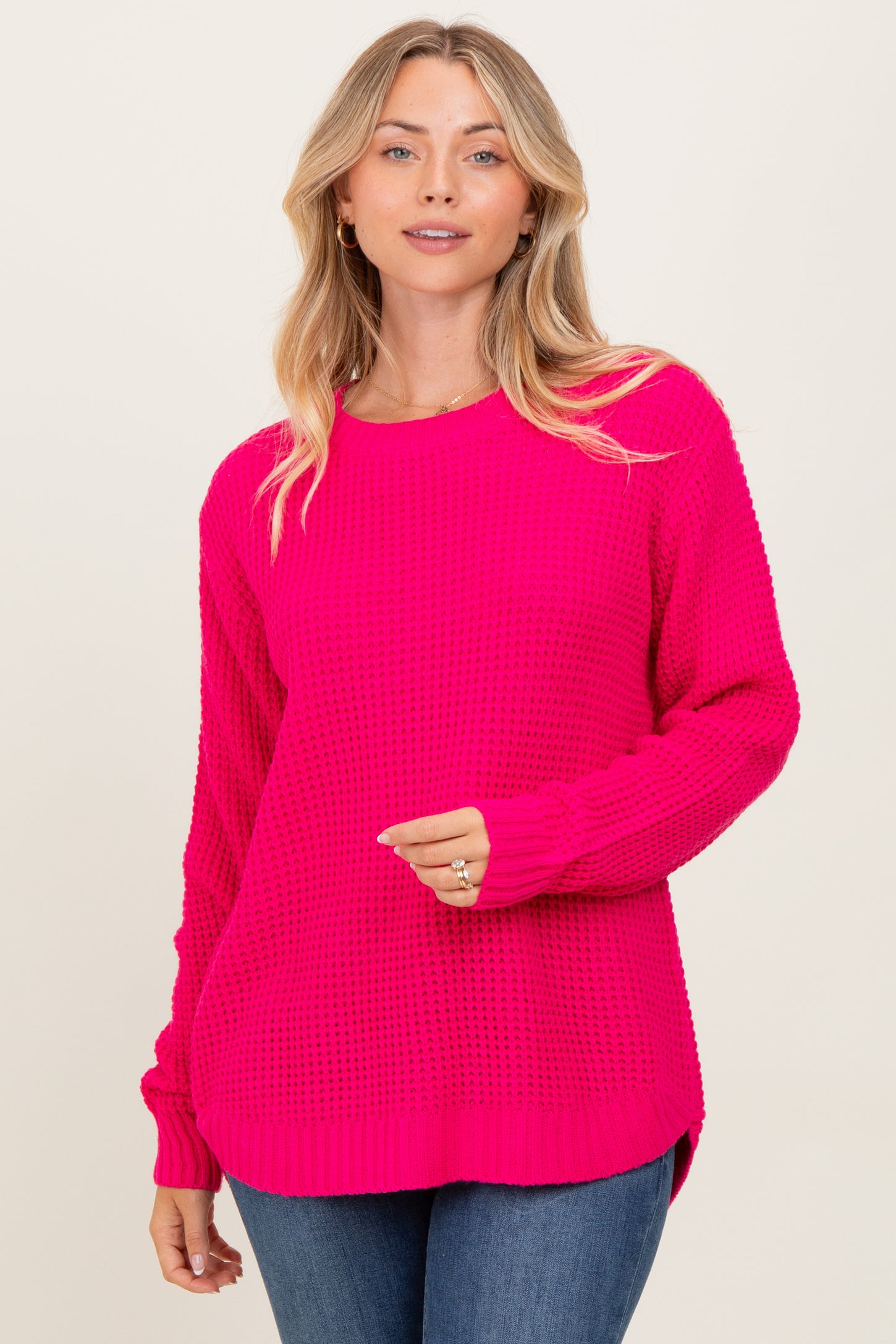 Fuchsia Waffle Knit Round Hem Sweater