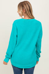 Turquoise Waffle Knit Round Hem Sweater