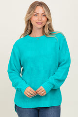 Turquoise Waffle Knit Round Hem Sweater