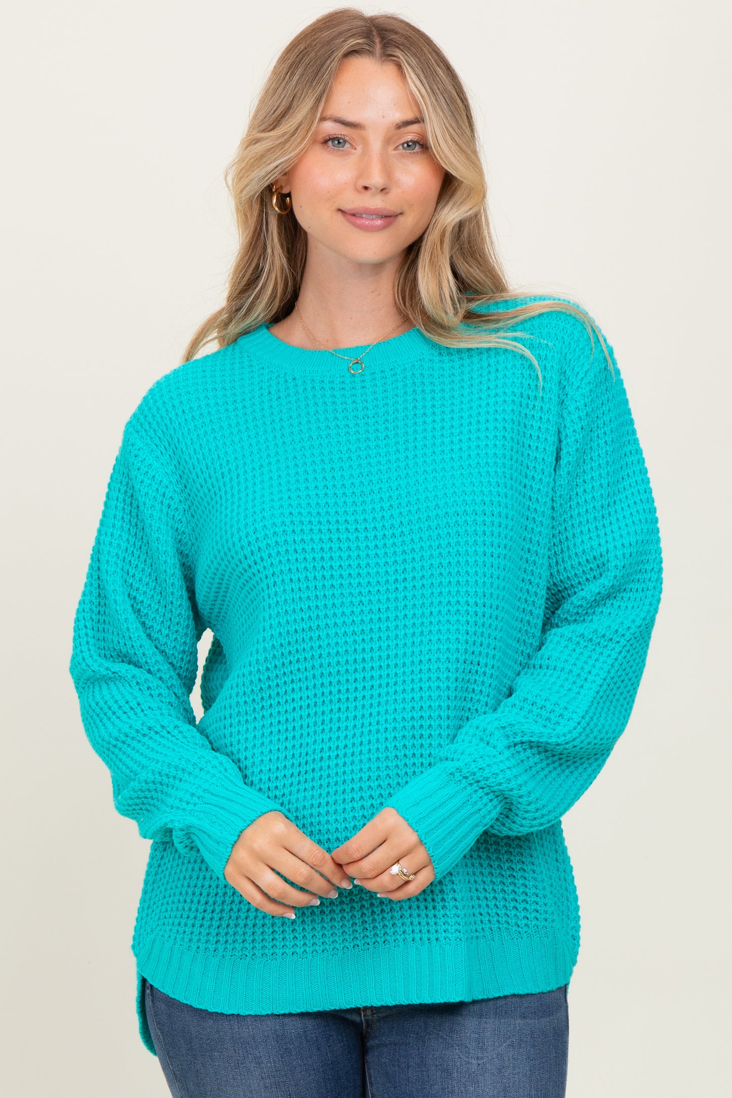 Turquoise Waffle Knit Round Hem Maternity Sweater