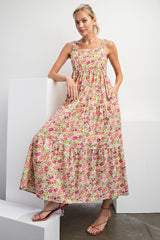 Pink Floral Square Neck Cut Out Back Tiered Maternity Maxi Dress