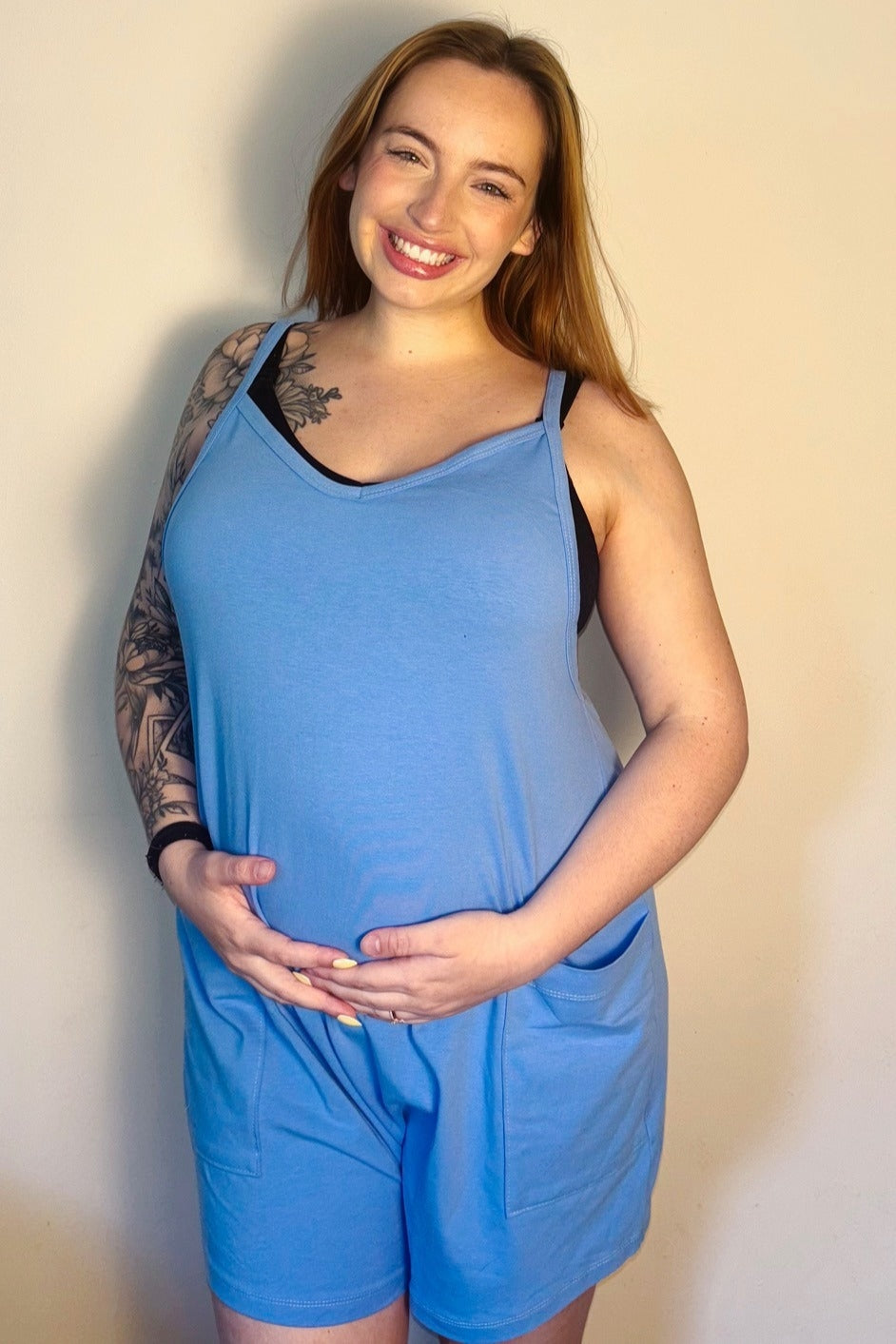 Blue Basic V-Neck Maternity Romper
