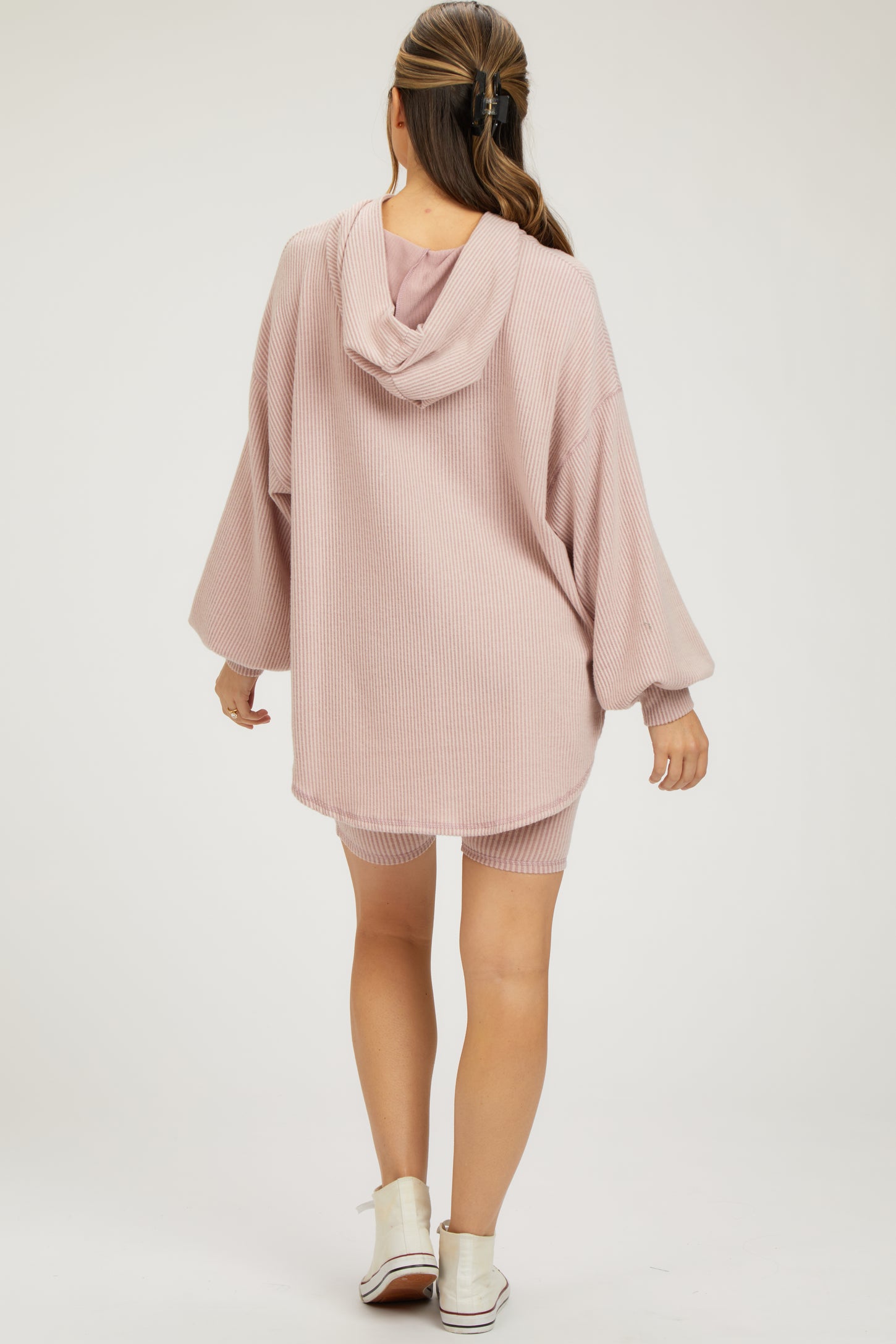 Light Pink Ribbed Hoodie Bike Shorts Maternity Set