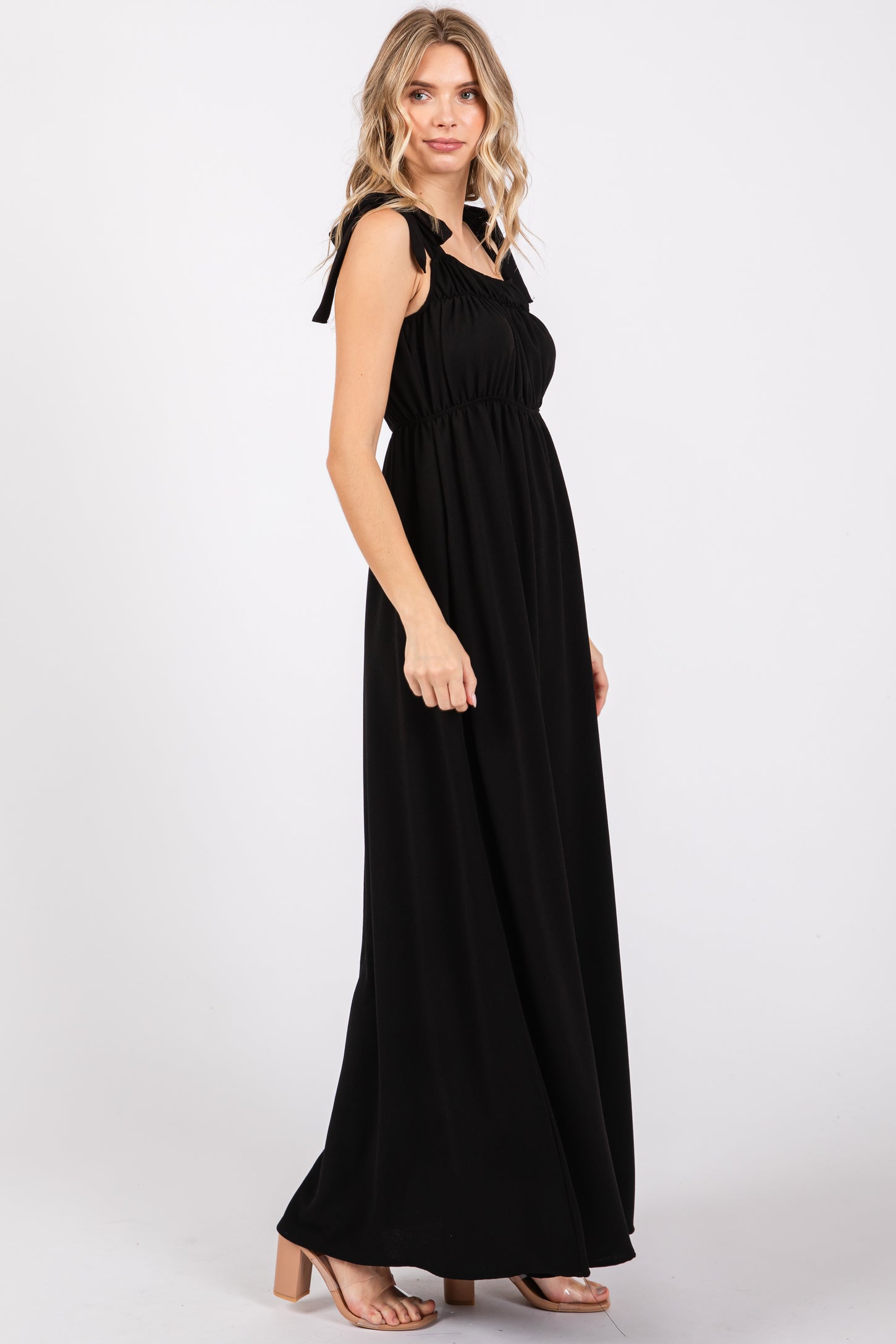 Black Square Neck Shoulder Tie Maxi Dress