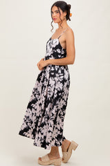 Black Leaf Print Satin Square Neck Midi Dress