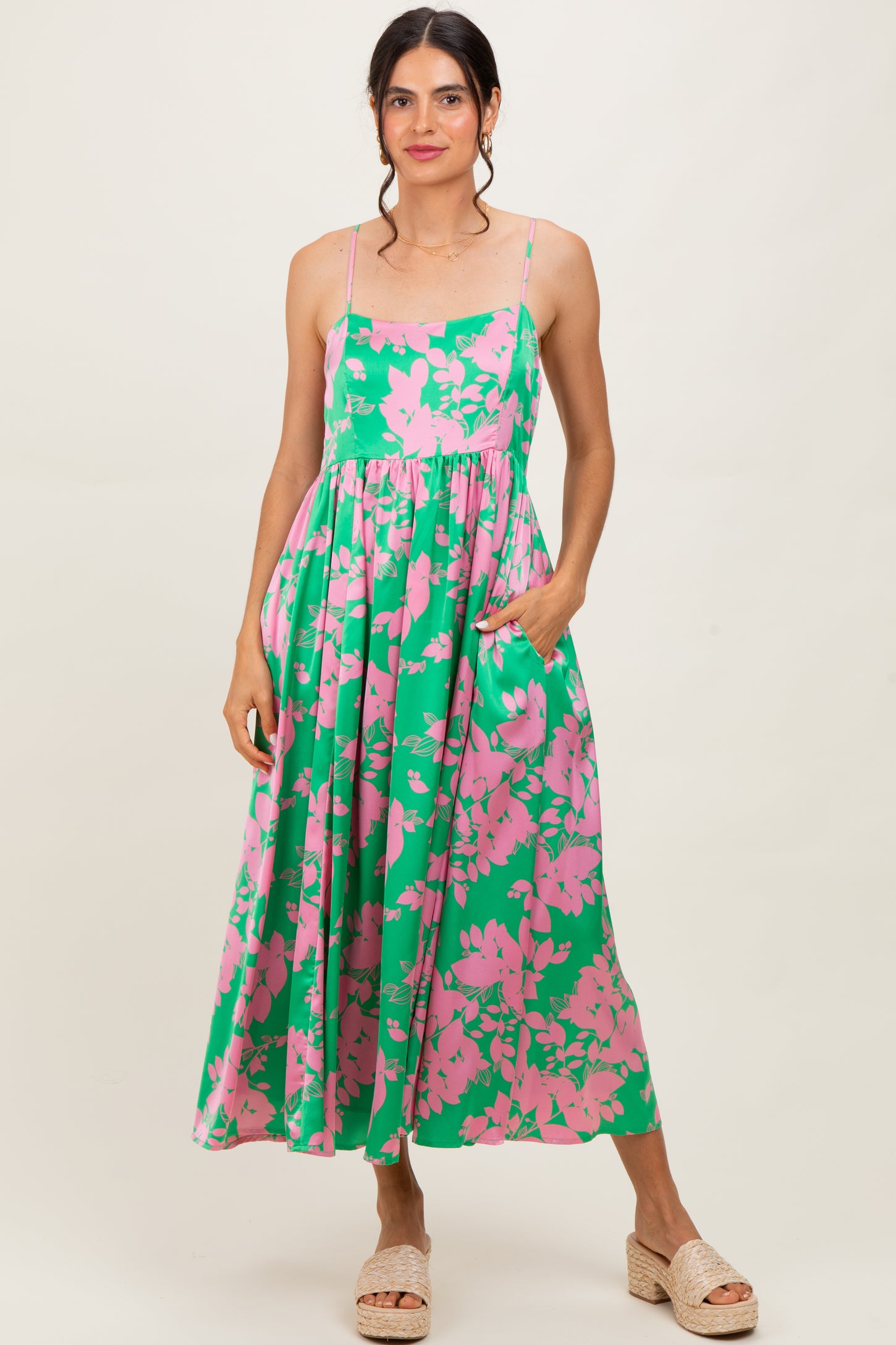 Pink Leaf Print Satin Square Neck Maternity Midi Dress