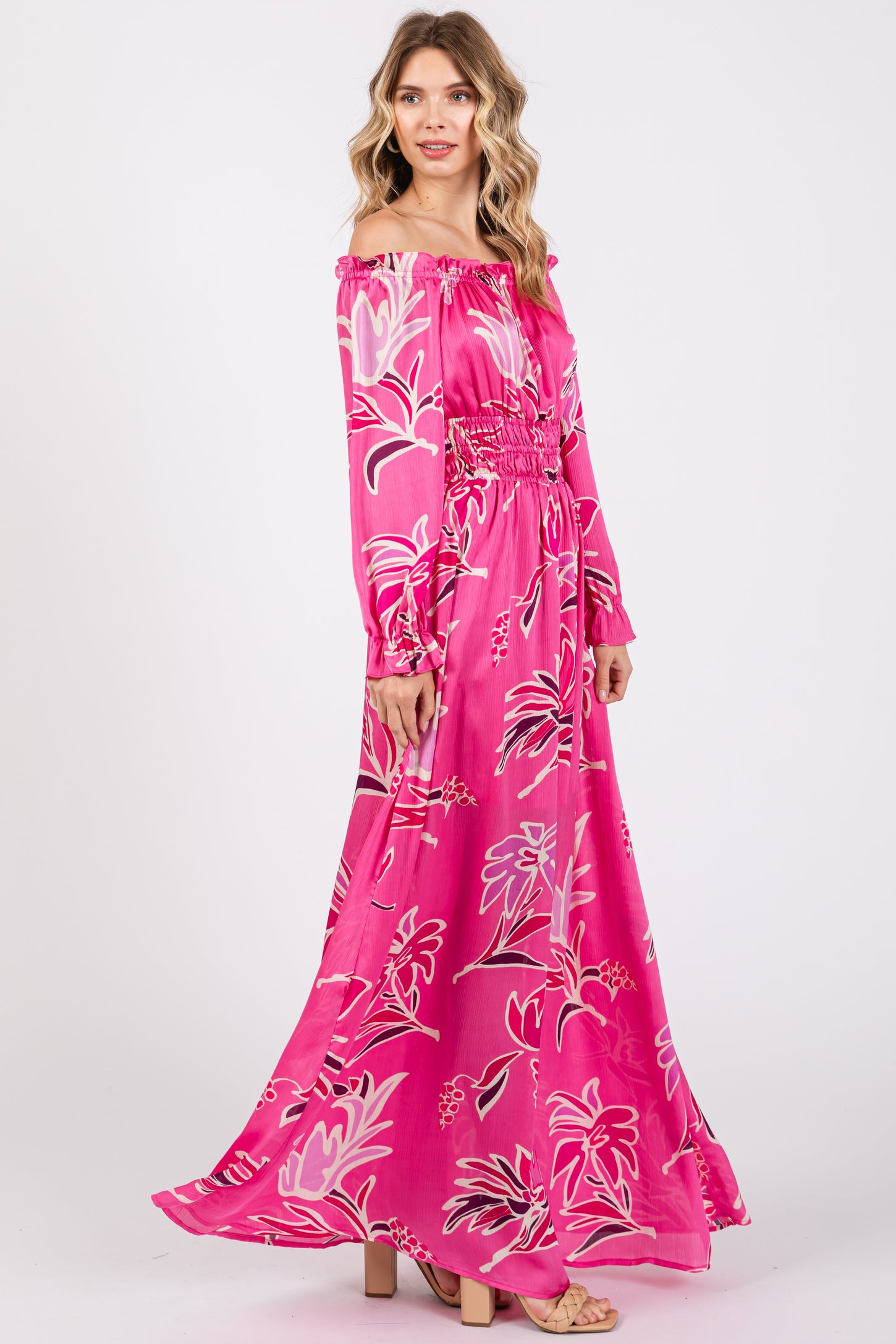 Fuchsia Floral Ruffle Neck Maxi Dress